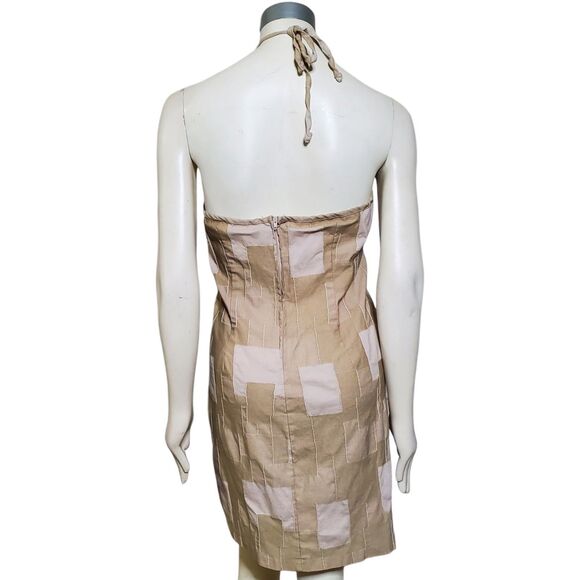 Vintage 90s Gantos Patchwork Halter Dress Size L Tan Mini Dress Bohemian Womens - Picture 4 of 9